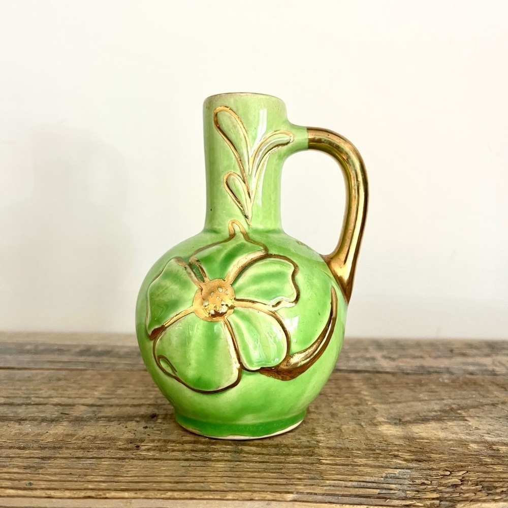 Green and Gold Floral Ceramic Vase